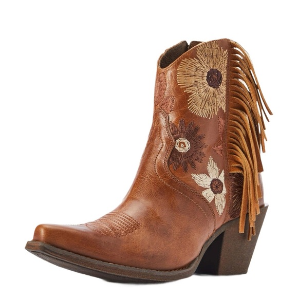 ARIAT FLORENCE ~ Brown Fringe Ankle Booties with Flower Stitching size 7.5 - Picture 4 of 10